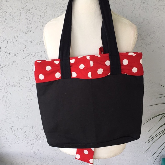 Black Handmade Tote with Red Polka Dot Bow - Picture 5 of 6